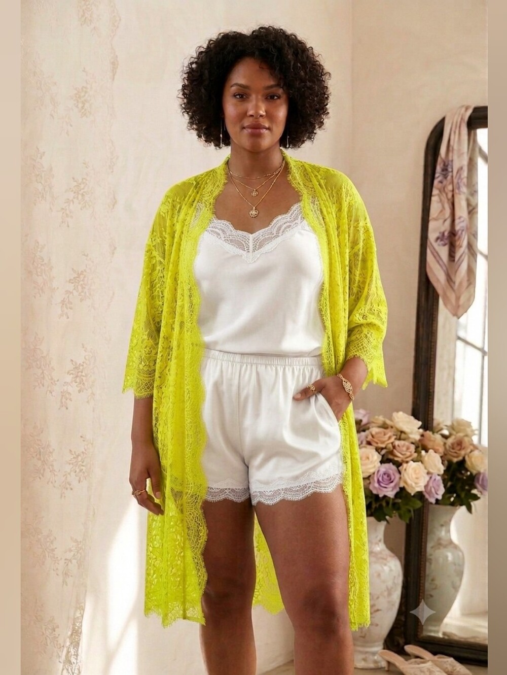 Neon Yellow Lace See Through Sheer Nightgown Robe Xxl